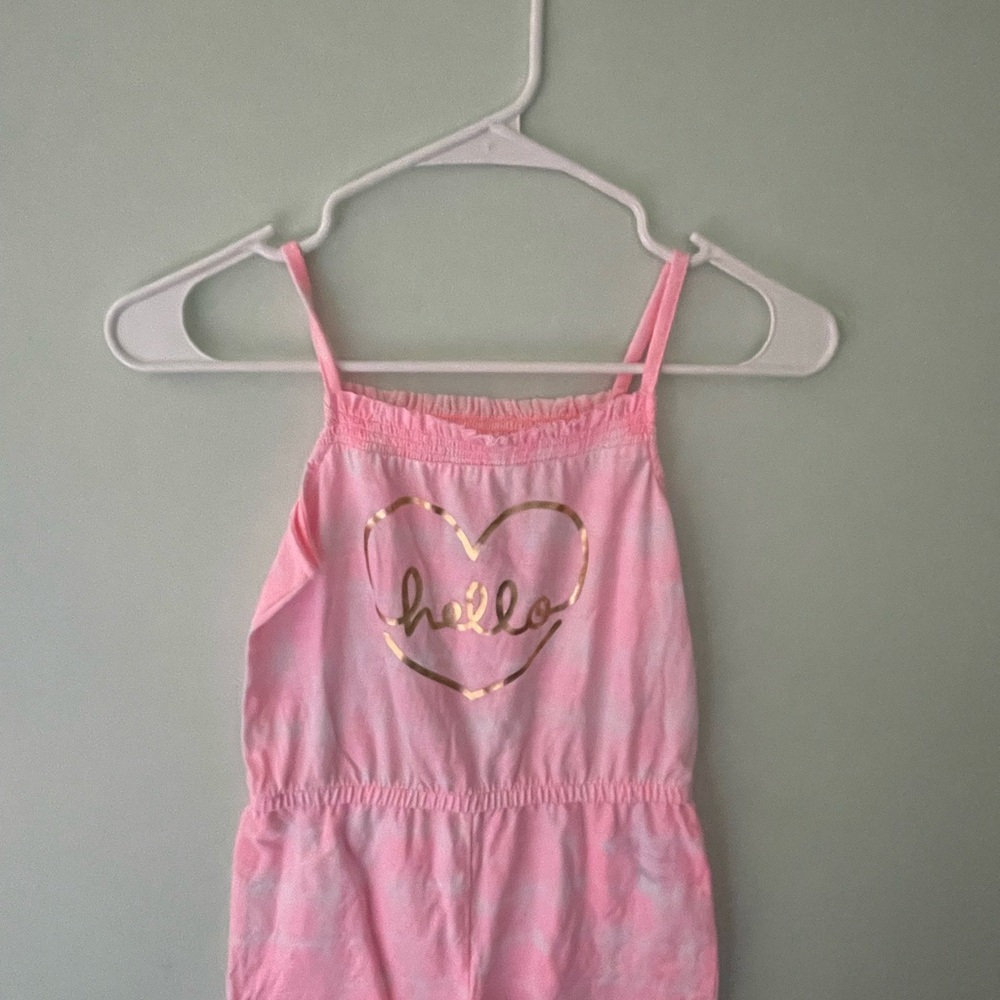 Jumping Beans Pink Romper with Gold Heart and gold “hello” accent.